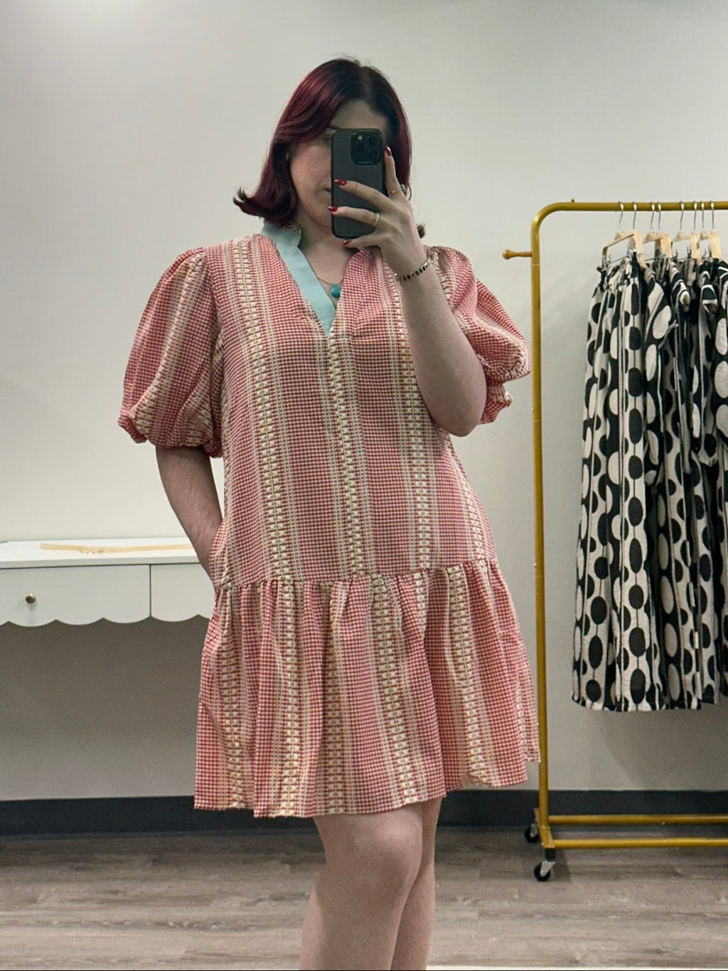 Red Gingham Puff Sleeve Dress