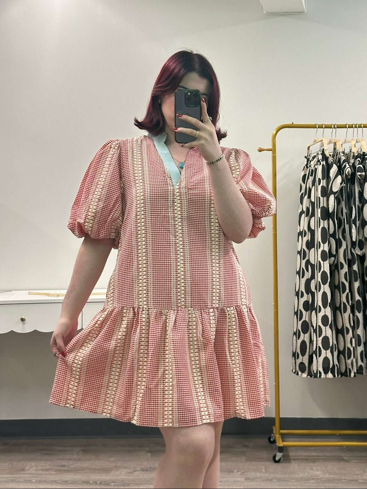 Red Gingham Puff Sleeve Dress