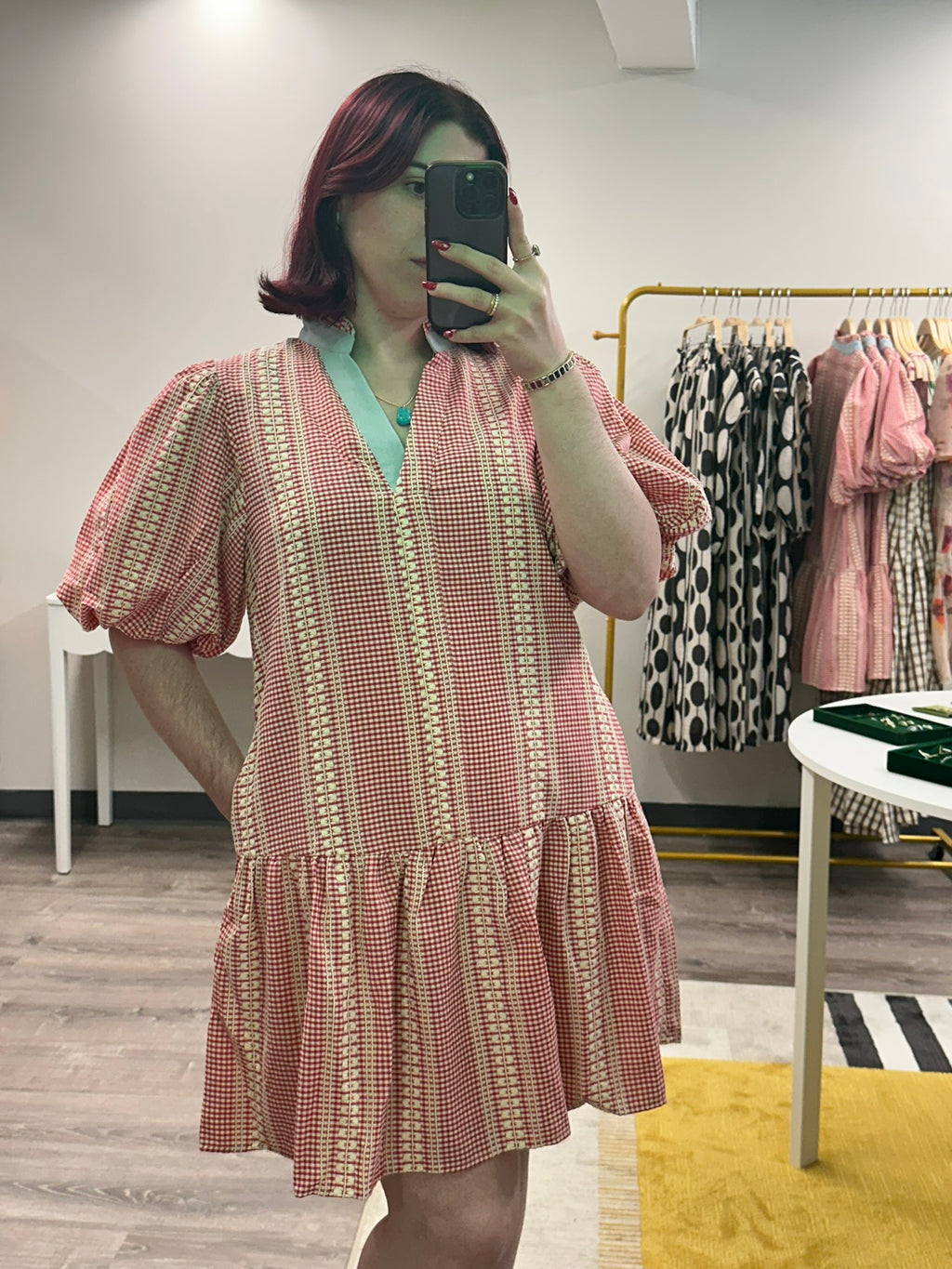 Red Gingham Puff Sleeve Dress