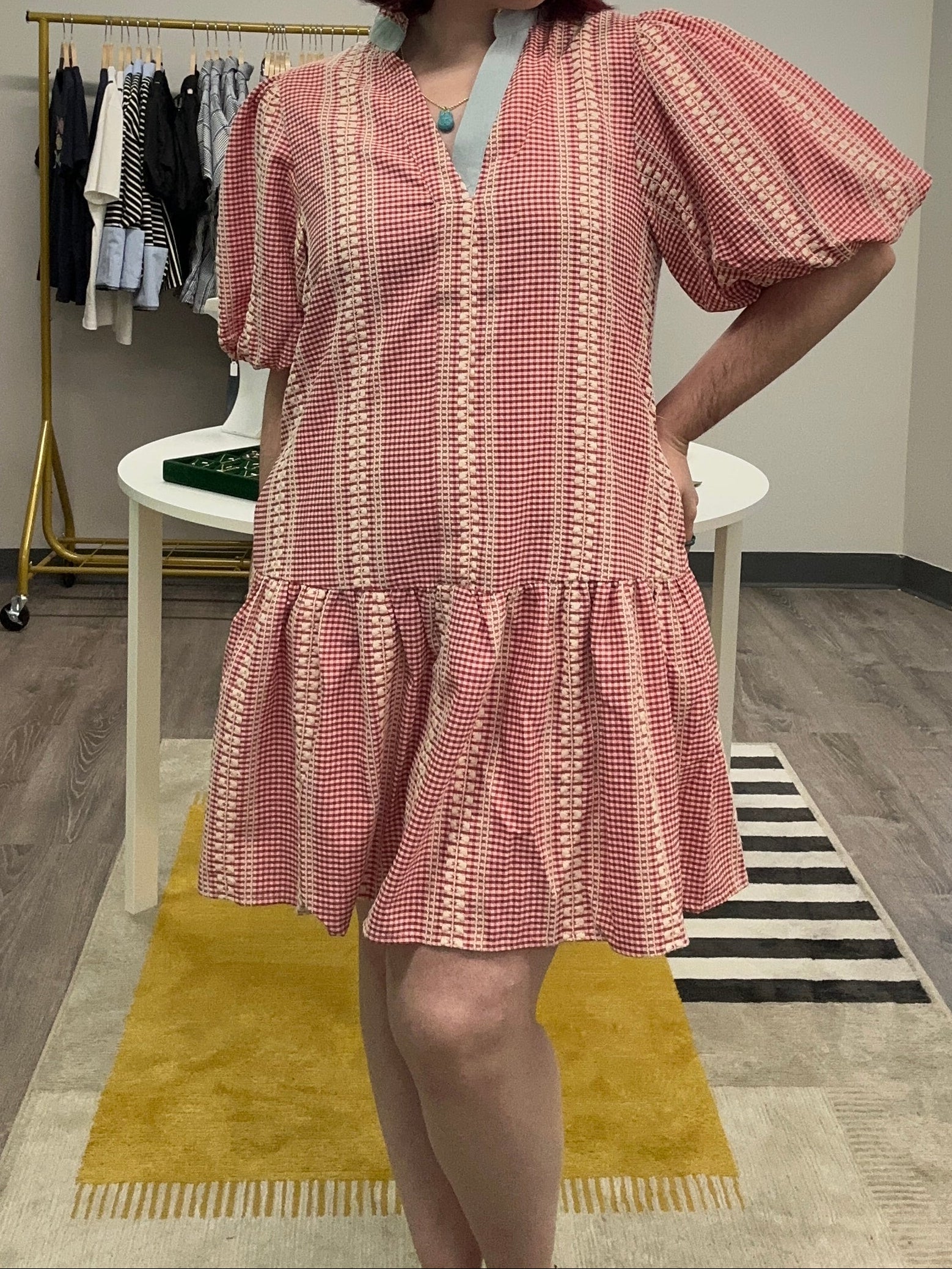 Red Gingham Puff Sleeve Dress