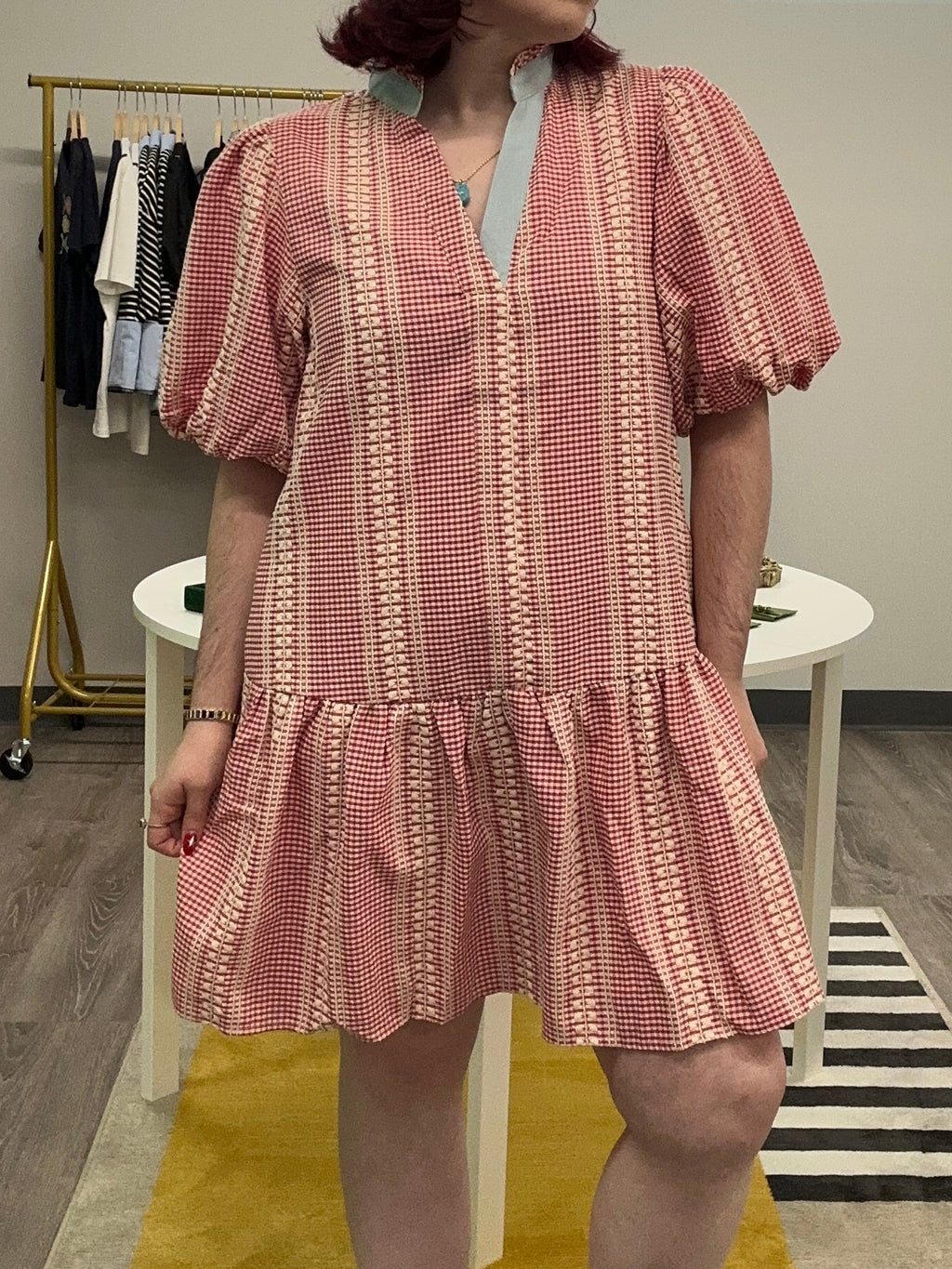 Red Gingham Puff Sleeve Dress