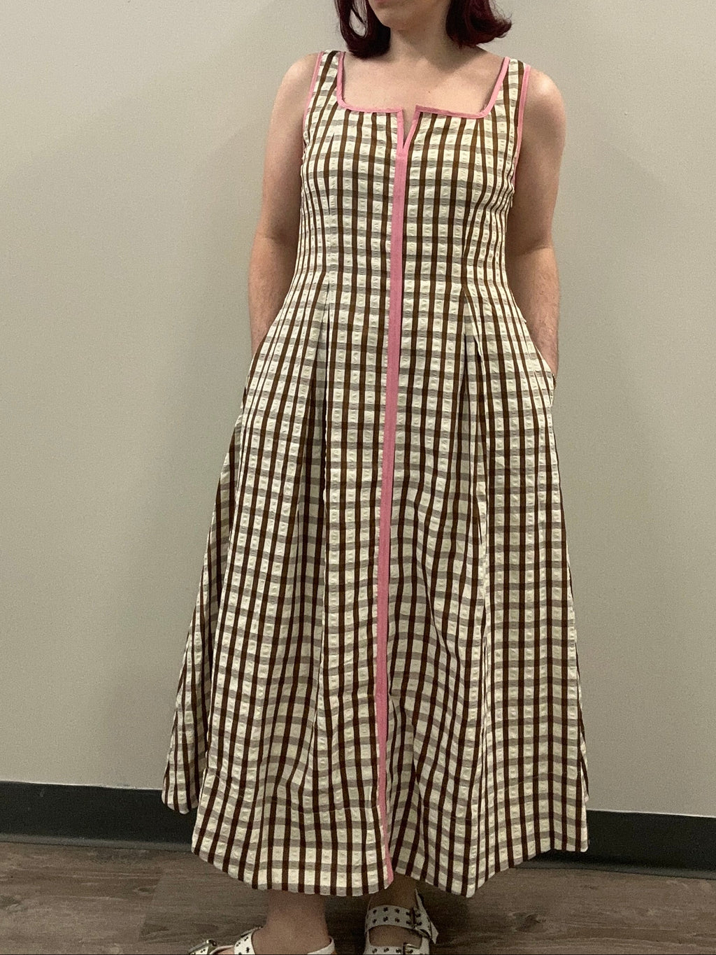 Brown Gingham Midi Dress with Pink Accent