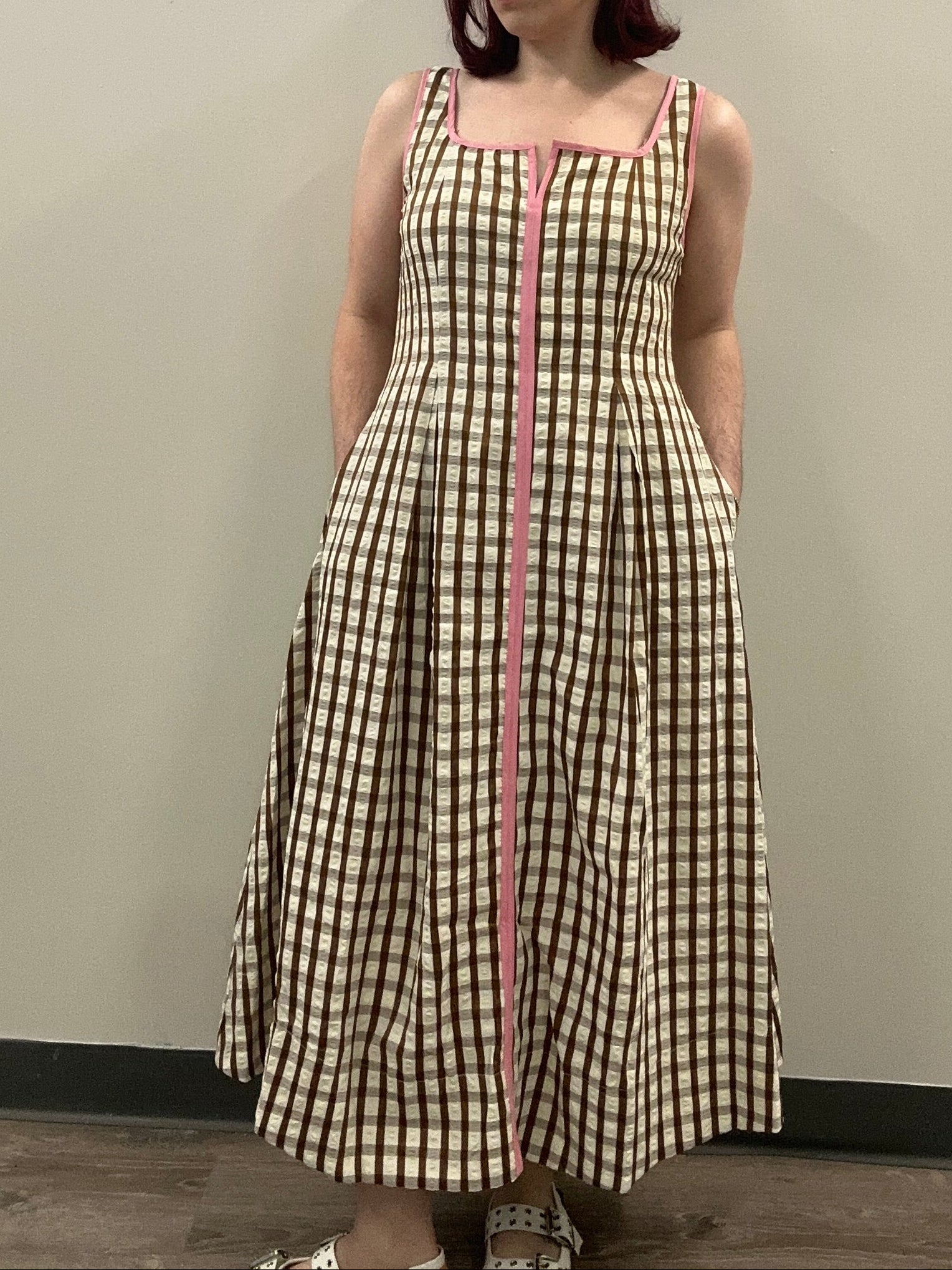 Brown Gingham Midi Dress with Pink Accent