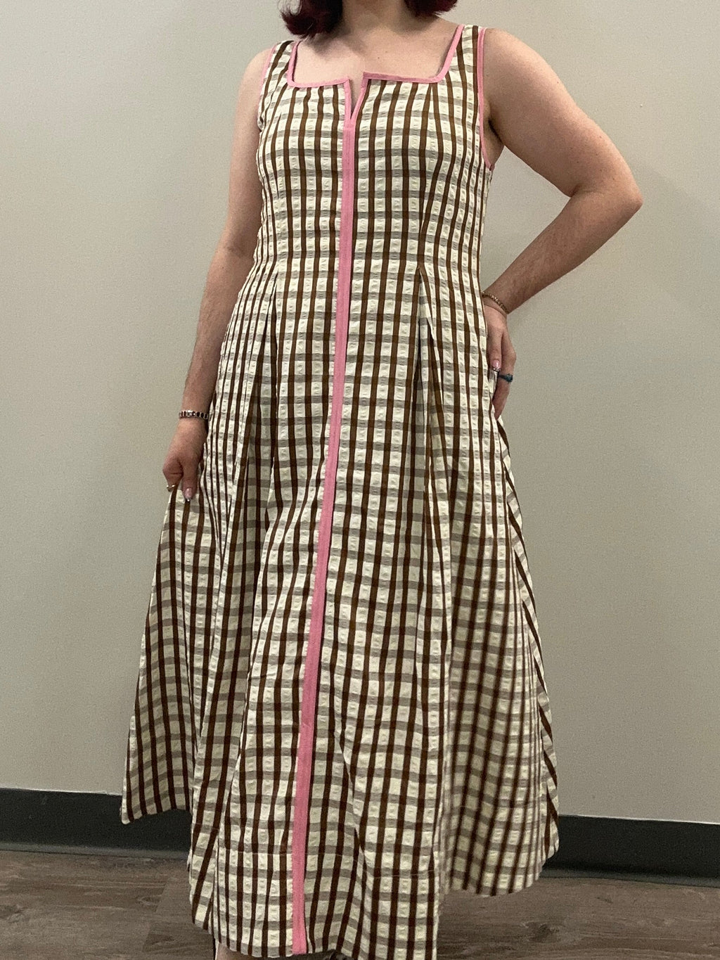 Brown Gingham Midi Dress with Pink Accent