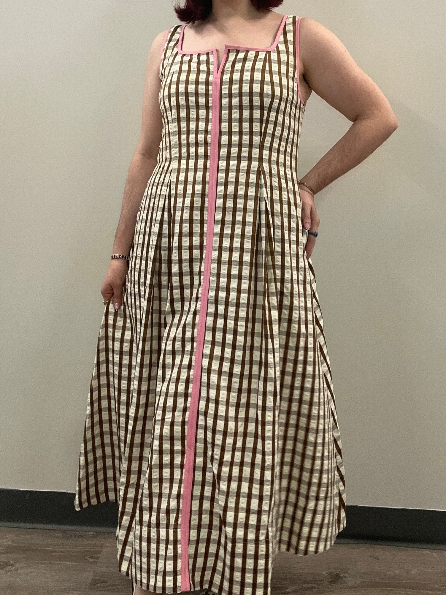 Brown Gingham Midi Dress with Pink Accent