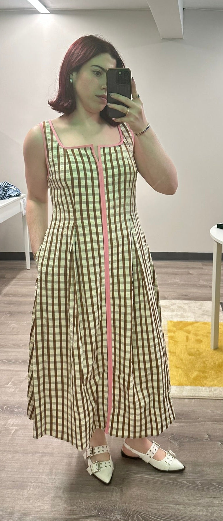 Brown Gingham Midi Dress with Pink Accent