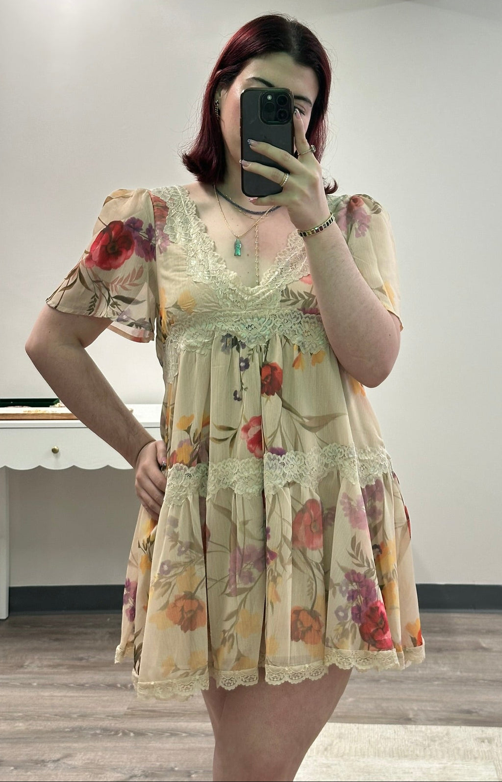 Floral Lace Empire Mini Dress