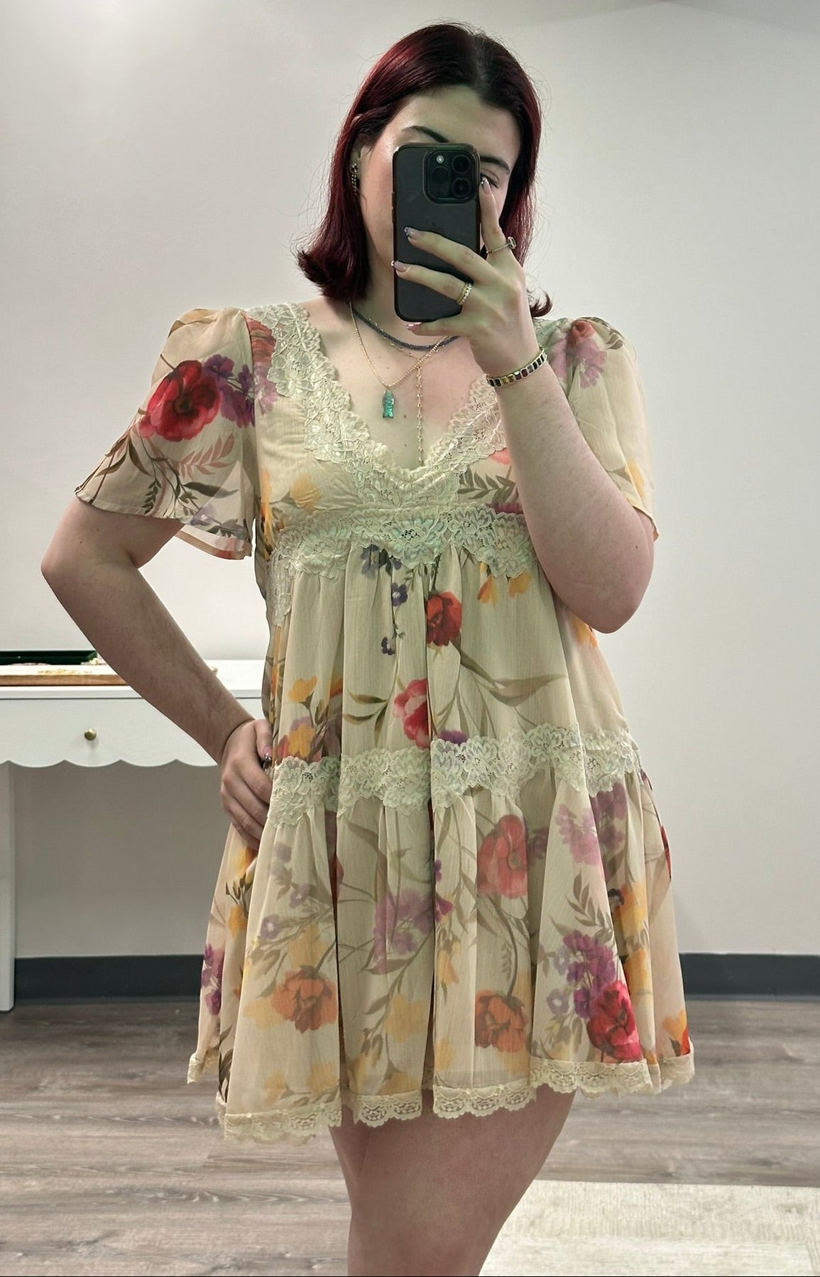 Floral Lace Empire Mini Dress