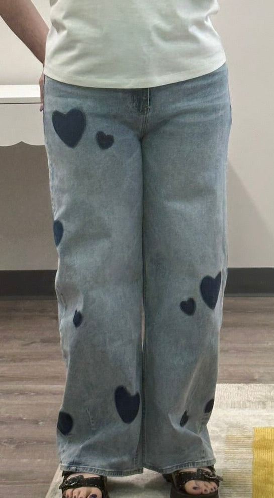 Heart Print High-Rise Barrel Jeans