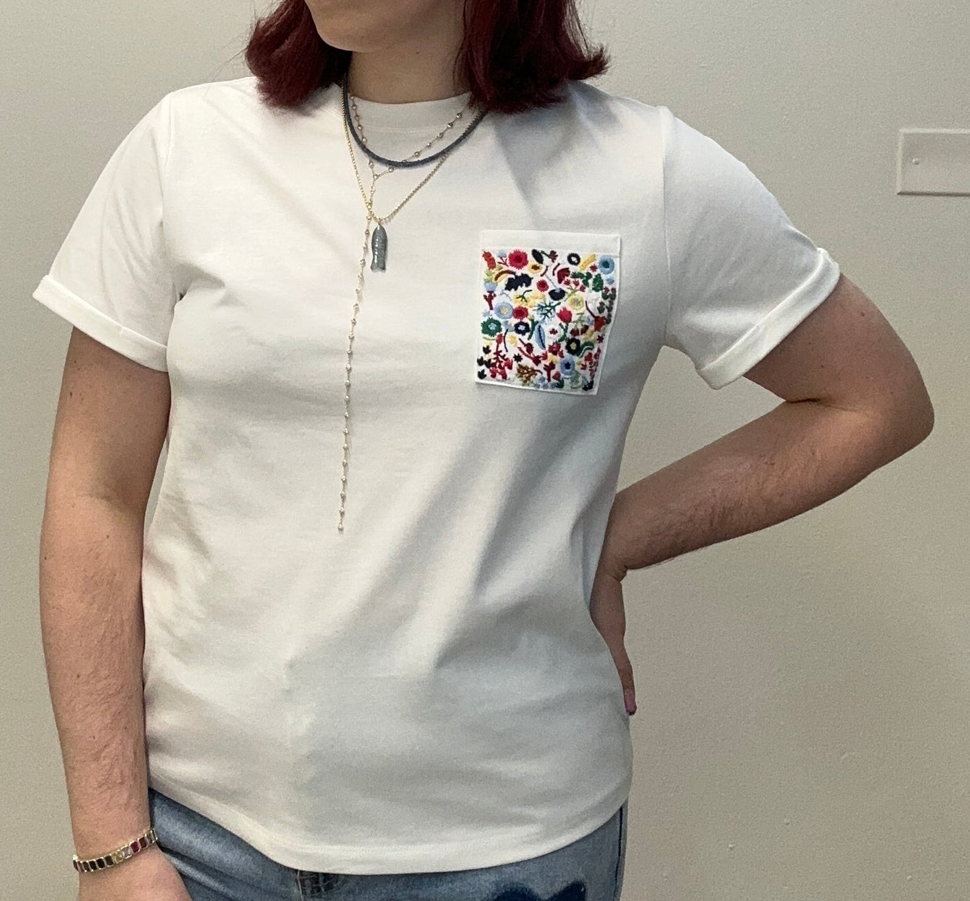 Floral Pocket White Tee