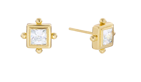 Square Clear Bezel Vermeil Studs