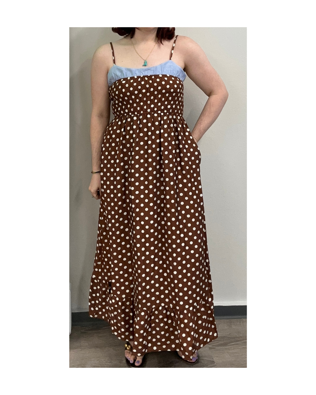 Brown Polka Dot Strapless Maxi Dress