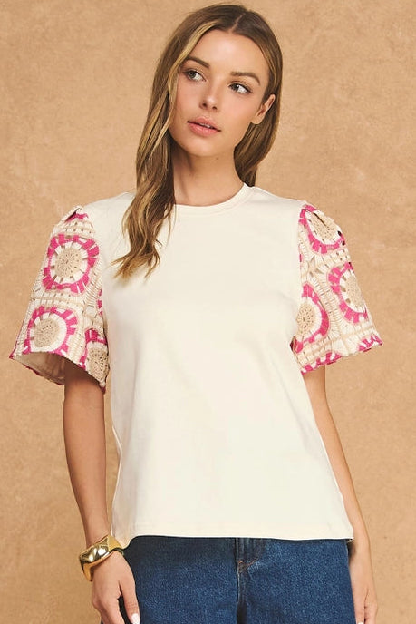 Cream & Pink Crochet Sleeve Top