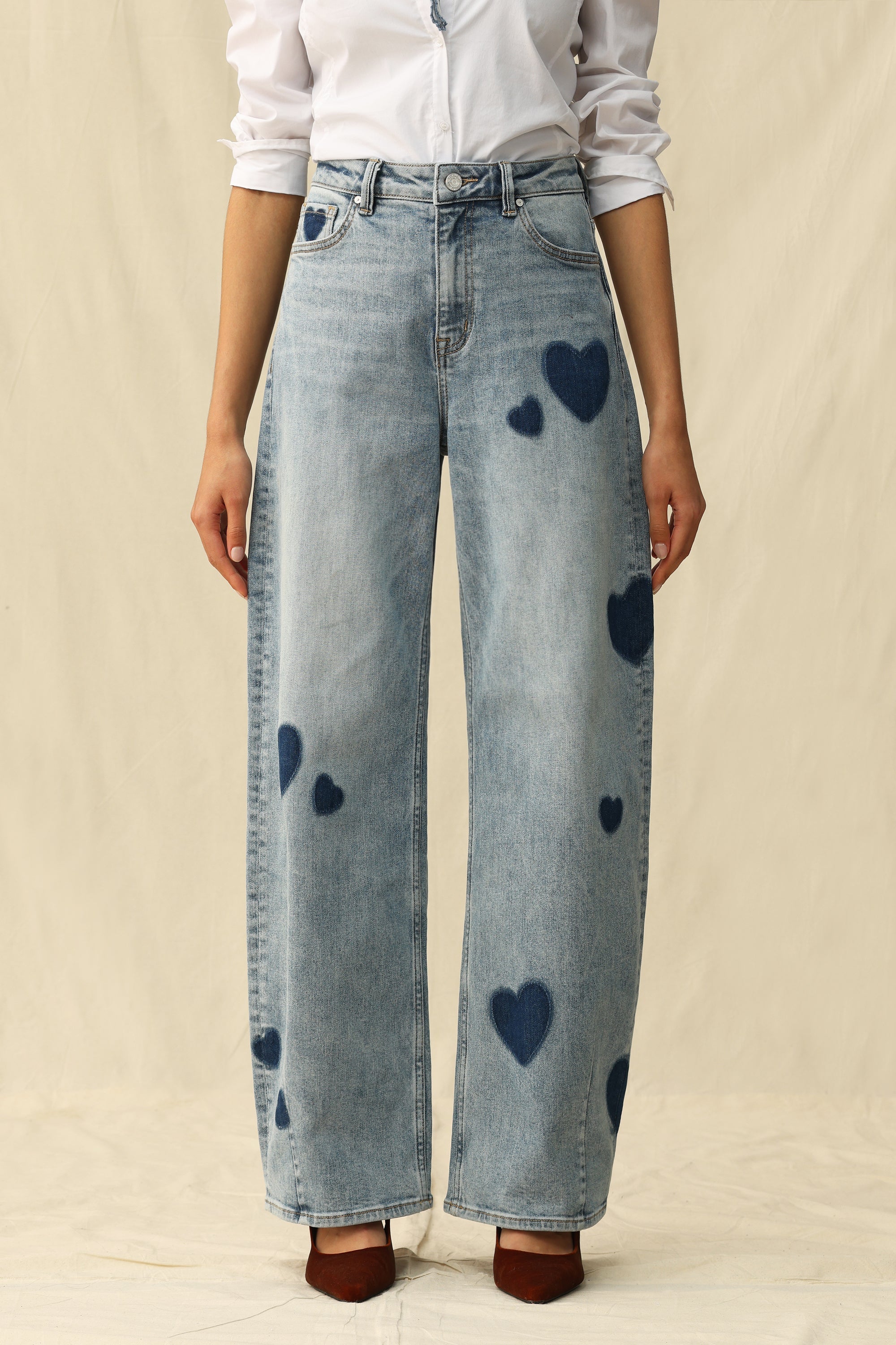 Heart Print High-Rise Barrel Jeans