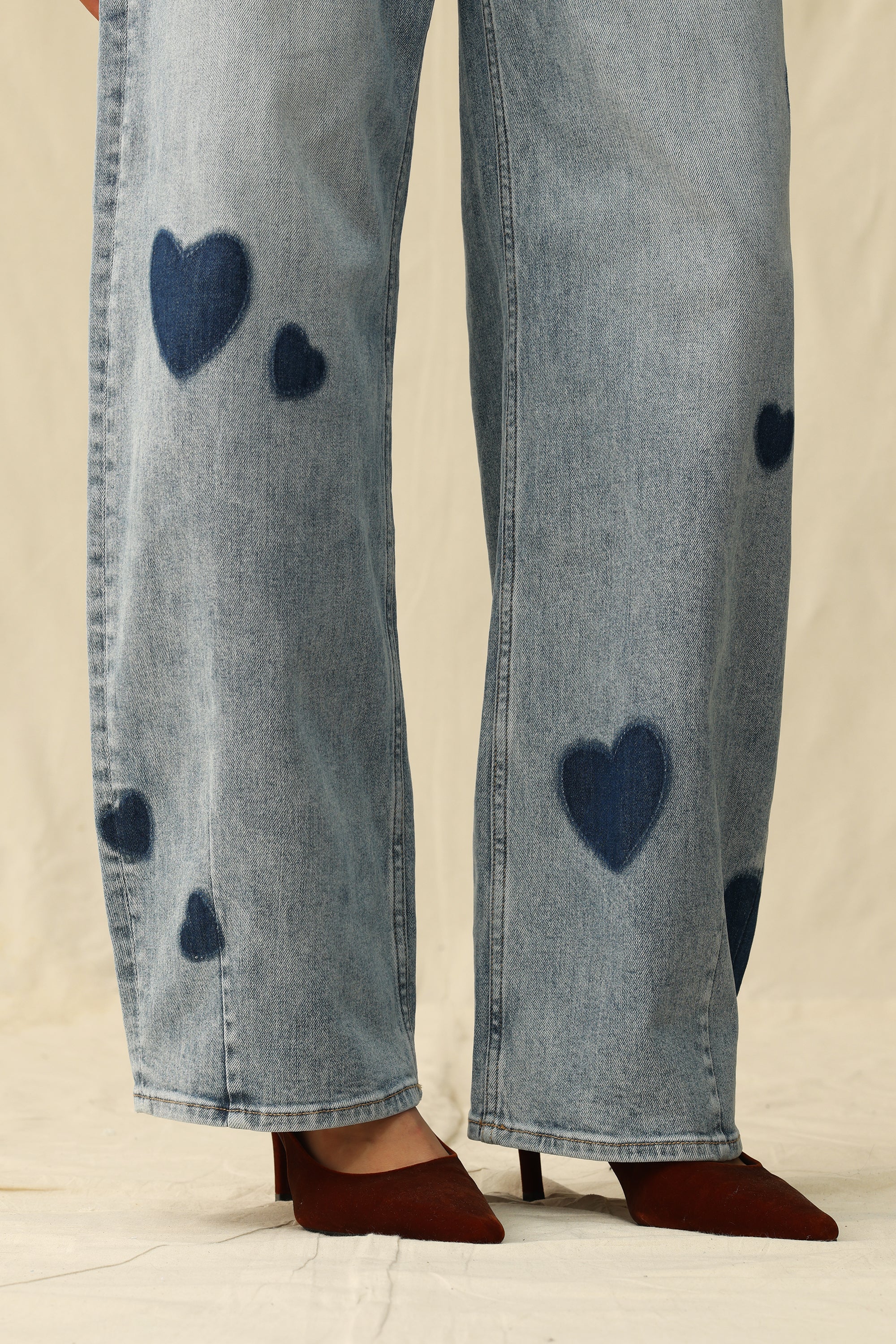 Heart Print High-Rise Barrel Jeans