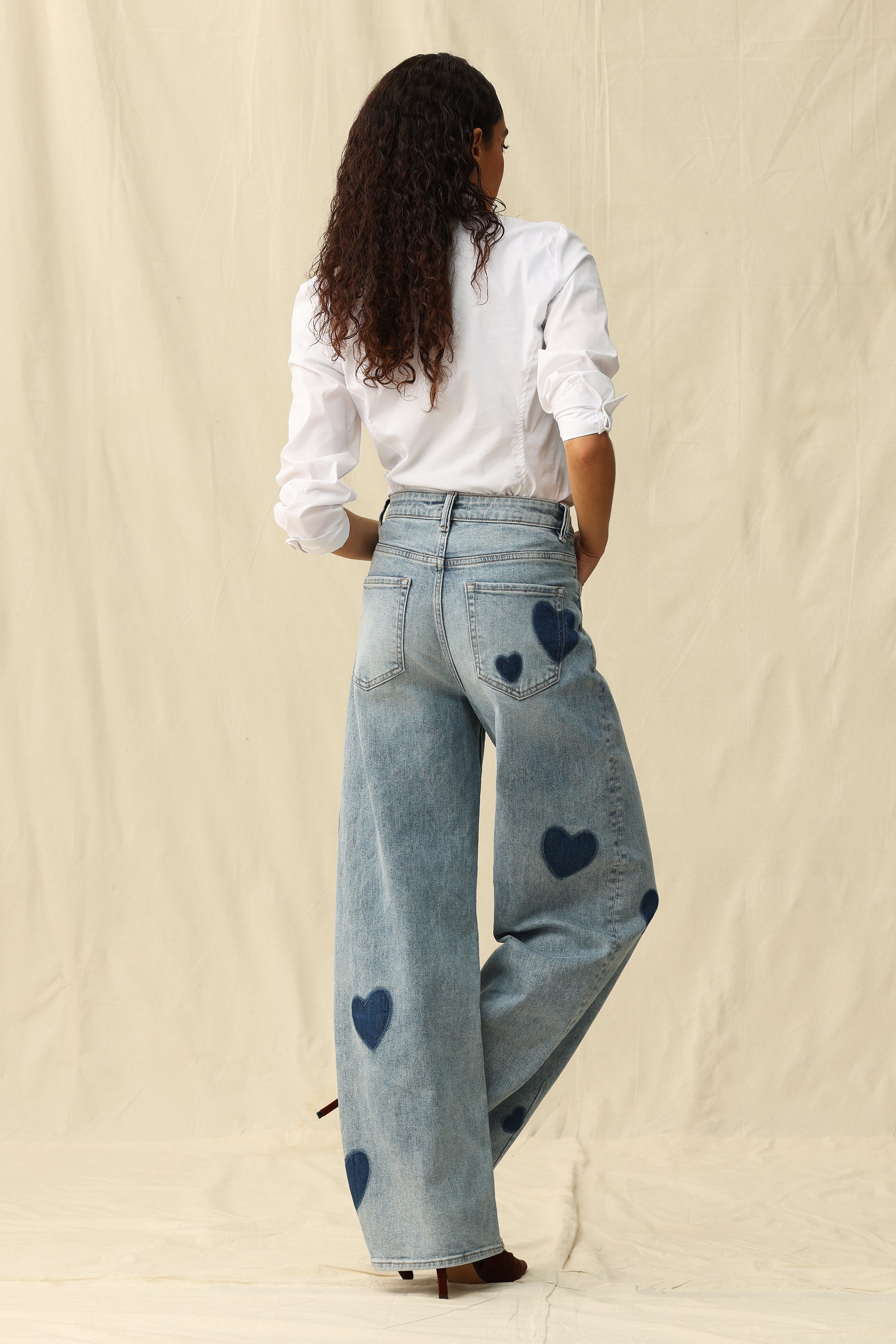 Heart Print High-Rise Barrel Jeans
